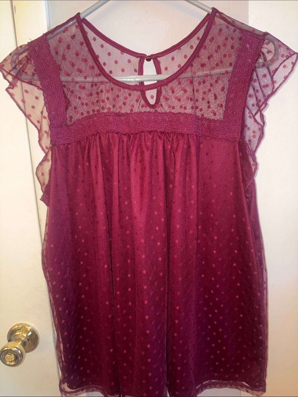 No Boundaries Burgundy Dot Mesh Flutter Sleeve Top